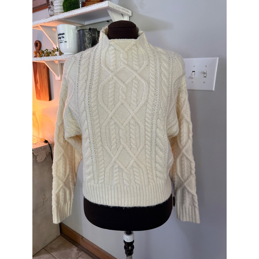 UGG Cable Knit Sweater Small Cream Mock Neck Wool Blend Pullover chunky soft
